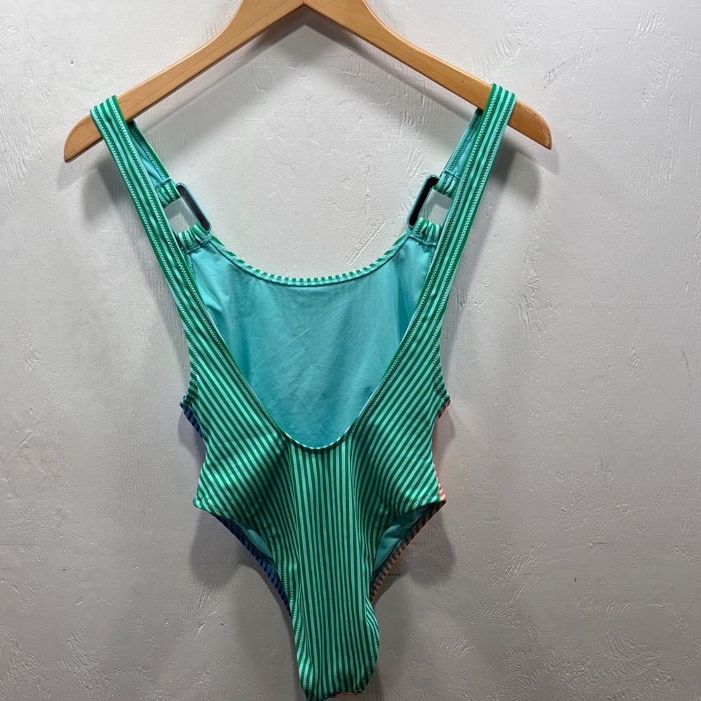 Aerie Stripped Low Back Ring Birthday Scoop Cheekiest One-Piece Swimsuit Small - Picture 6 of 7